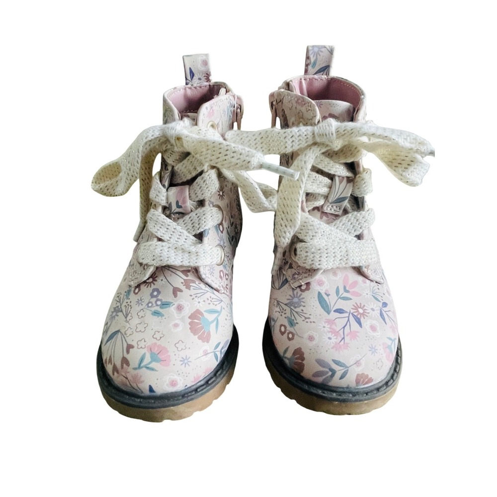 Cat & Jack Toddler Girls Floral Combat Boots Pink Blue Flower Size 5 Zip Up
